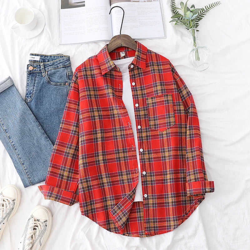 Women Casual  Flannel Plaid Shirt with Loose Long Sleeve