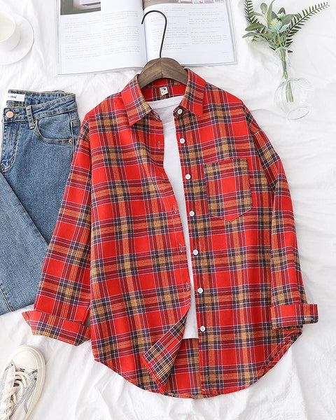 Women Casual  Flannel Plaid Shirt with Loose Long Sleeve