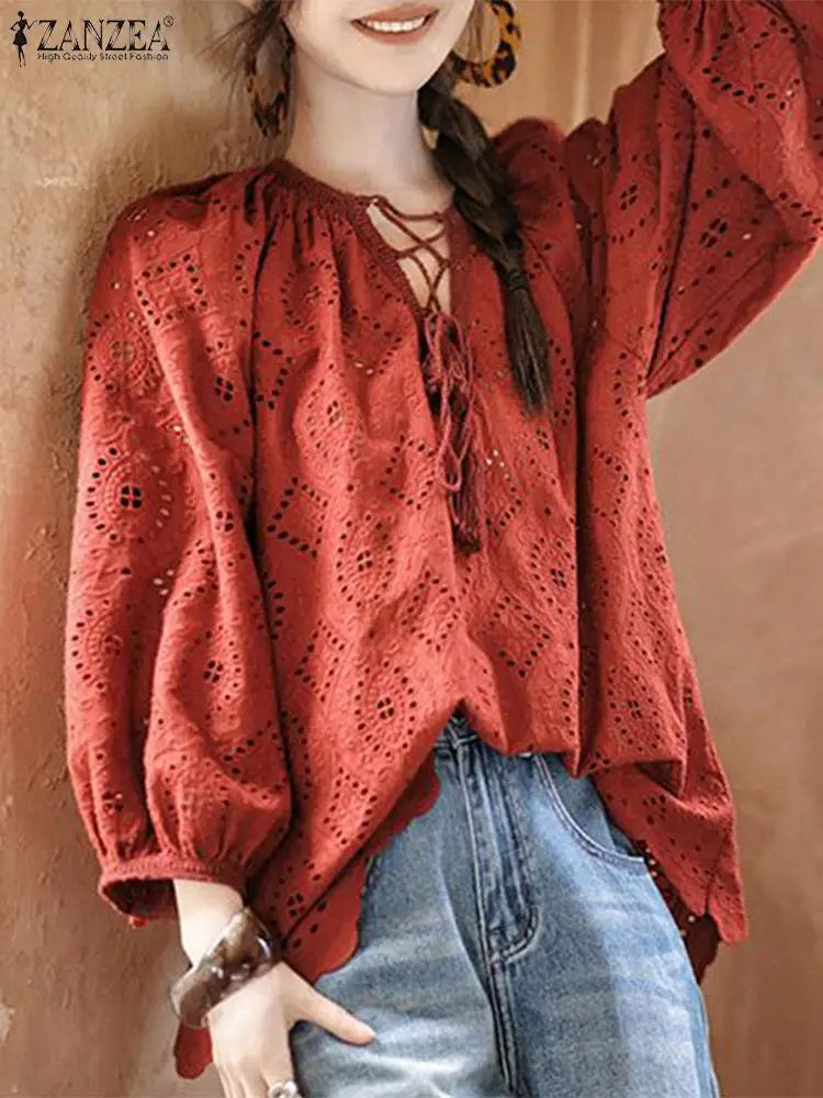 Bohemian Lace Trim Blouses for Women Casual Hollow Out Embroidery Tunic Tops with 3/4 Sleeves