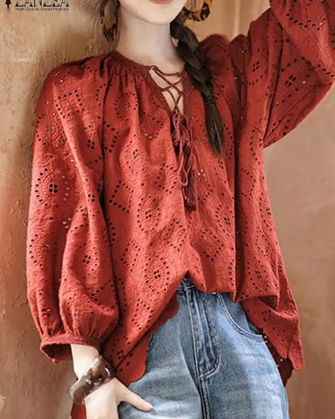 Bohemian Lace Trim Blouses for Women Casual Hollow Out Embroidery Tunic Tops with 3/4 Sleeves