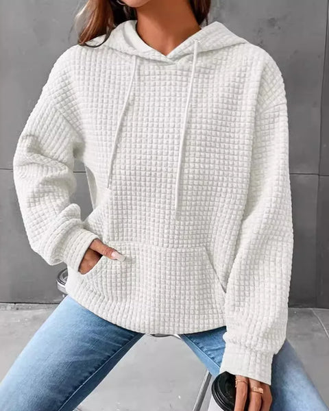 Chic Women's Waffle Hoodie: Spring & Autumn Solid Color Loose Sweatshirt with Drawstring