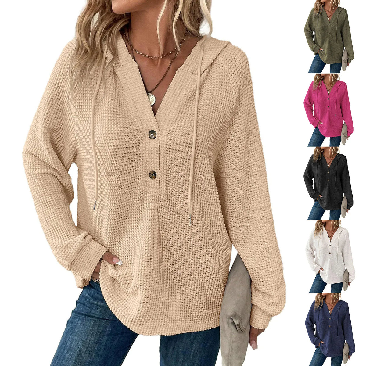 Stylish Women's Waffle Knit Hoodie Long Sleeve Drawstring V-Neck Casual Sweatshirt for Fall