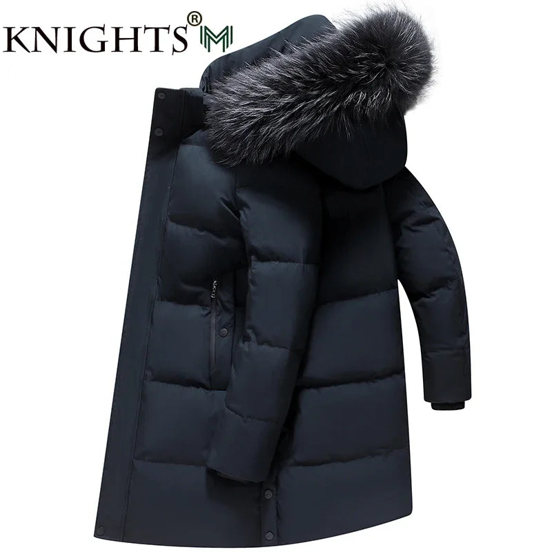 Men's Down Jacket Mid-Length Winter Thick 90% White Duck Down Jacket Natural Animal Fur Collar Multi-Pockets Overcoat Men