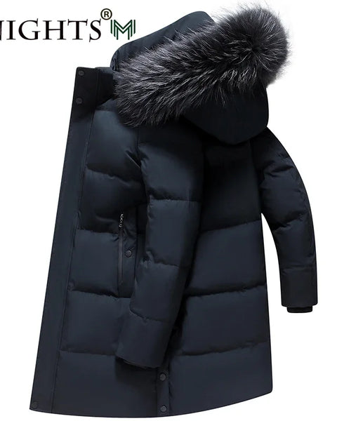 Men's Down Jacket Mid-Length Winter Thick 90% White Duck Down Jacket Natural Animal Fur Collar Multi-Pockets Overcoat Men