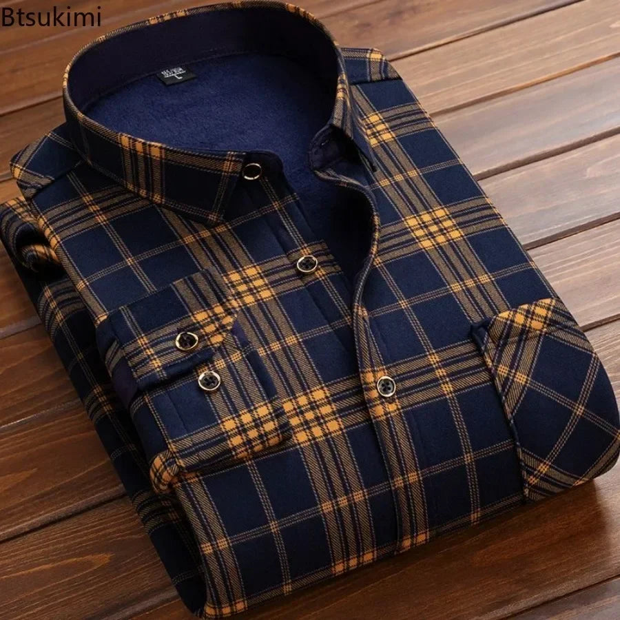 Men's Winter Warm Long Sleeve Plaid Flannel Shirt: Thick Fur Lined Casual Dress Shirt