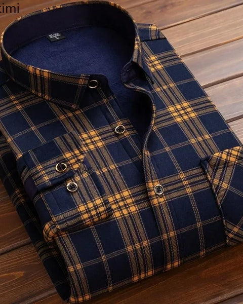 Men's Winter Warm Long Sleeve Plaid Flannel Shirt: Thick Fur Lined Casual Dress Shirt