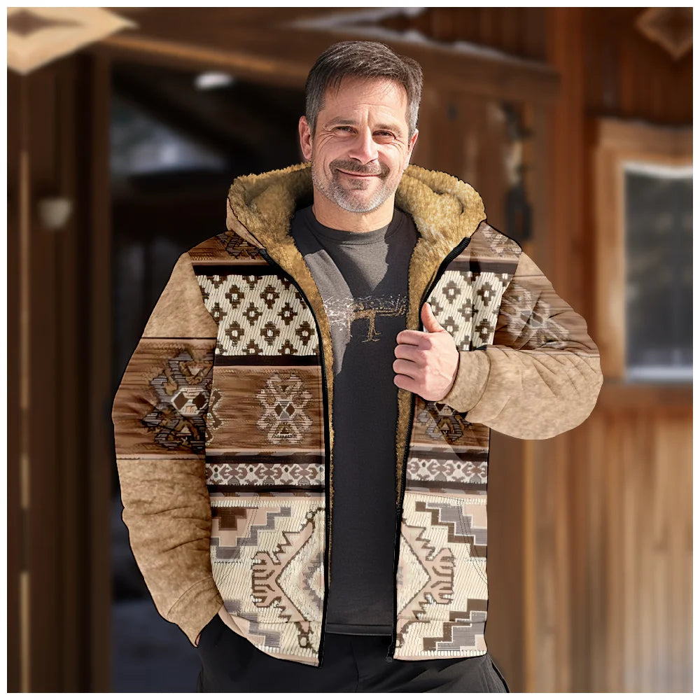 Men's Tribal Graphic Zip-Up Hoodie: Cozy Winter Fleece Parka & Casual Jacket