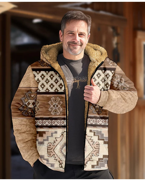 Men's Tribal Graphic Zip-Up Hoodie: Cozy Winter Fleece Parka & Casual Jacket