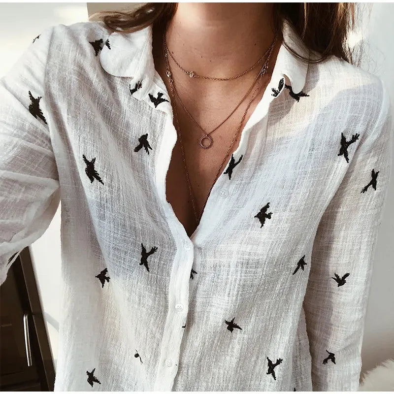 Fashion Women's Print Shirt Women's Long Sleeve Top Cotton Office Casual Loose Top