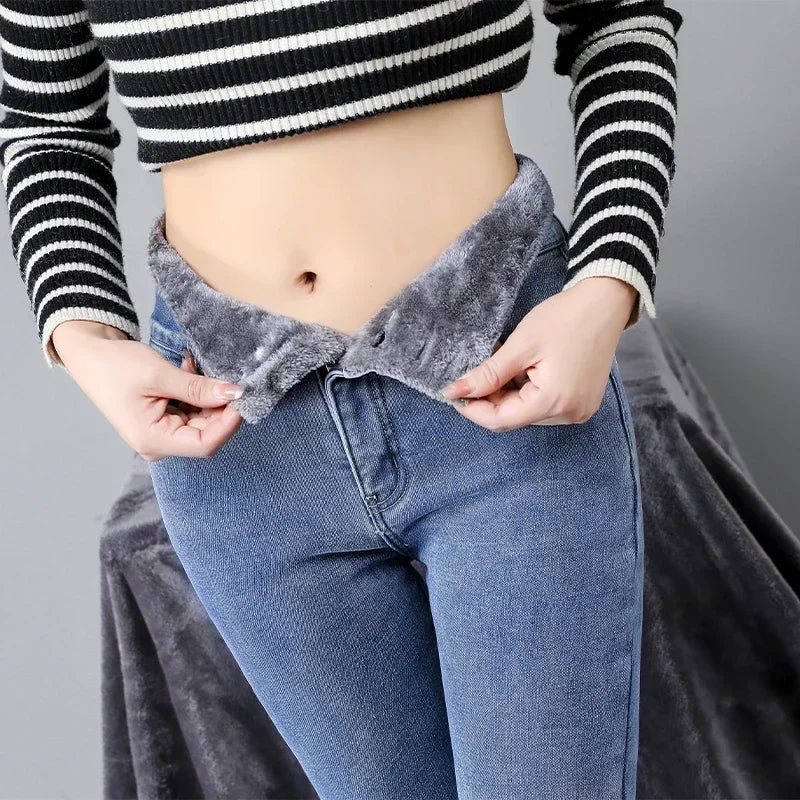 Winter Thick Velvet Women High Waist Skinny Jeans Simple Fleece Warm Slim Fit Stretch  Denim Pencil Pants