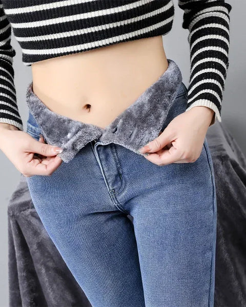 Winter Thick Velvet Women High Waist Skinny Jeans Simple Fleece Warm Slim Fit Stretch  Denim Pencil Pants