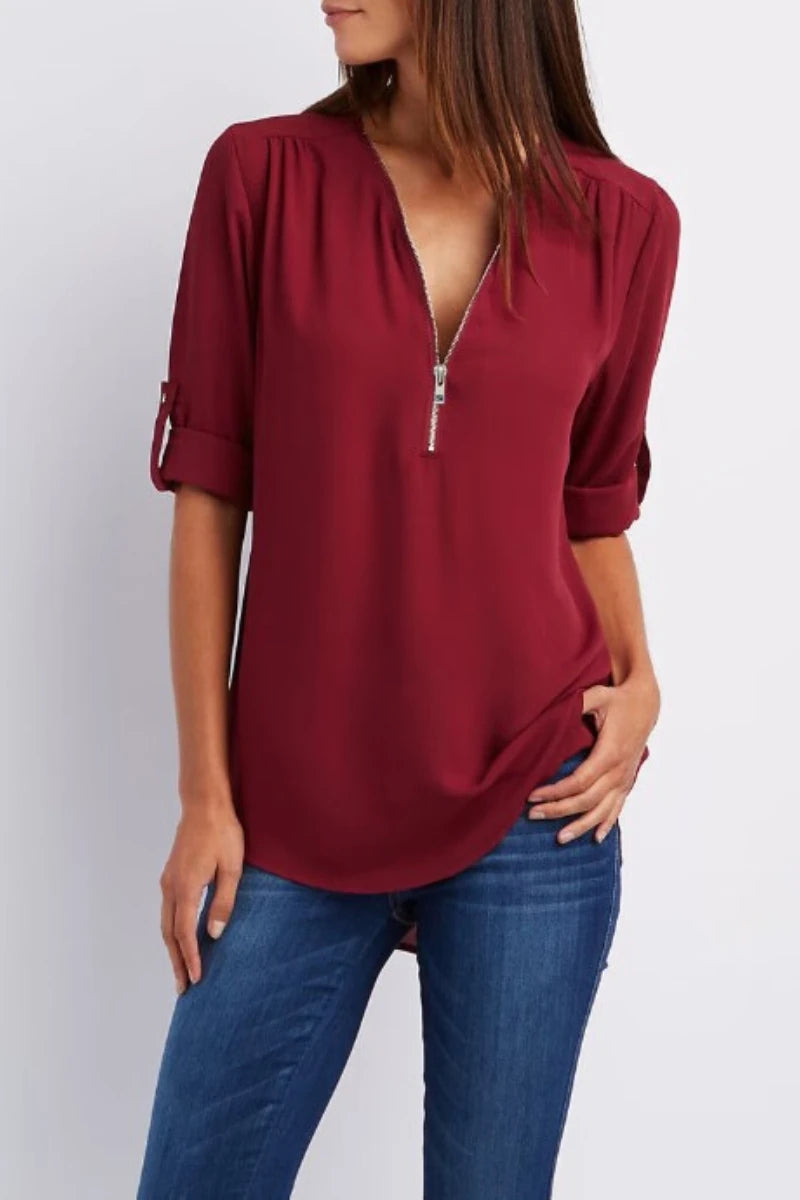 V-Neck Chiffon Blouse for Women  Casual Loose Fit Zipper Pullover Top