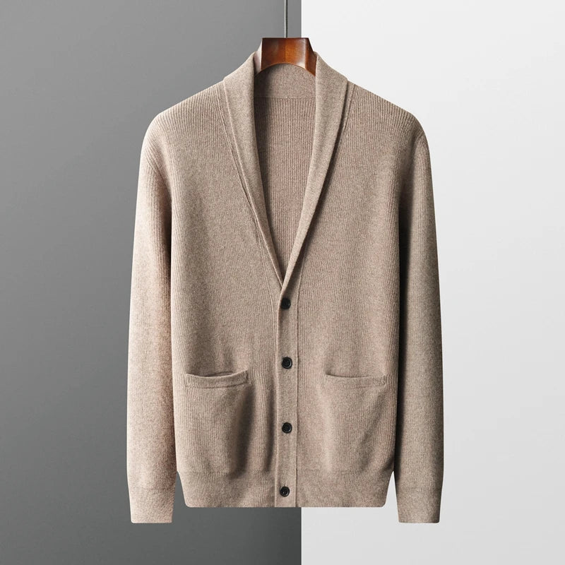 Men's 100% Merino Wool Cashmere Coat: Thickened V-Neck Cardigan for Autumn and Winter Warmth