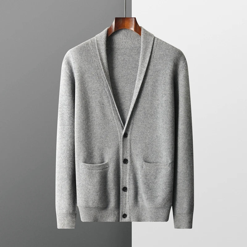 Men's 100% Merino Wool Cashmere Coat: Thickened V-Neck Cardigan for Autumn and Winter Warmth