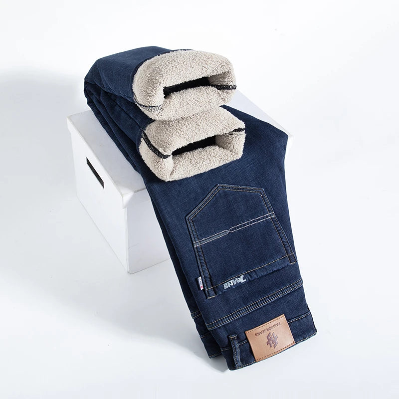 Winter Lamb Fluff Denim Pants: Thicken Fleece-Lined High-Waist Slim Jeans for Men