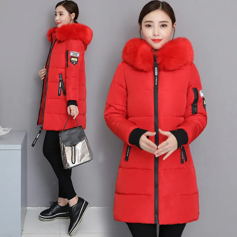 Women's High-Quality Hooded Parka Thick Cotton Padded Winter Coat with Fur Collar