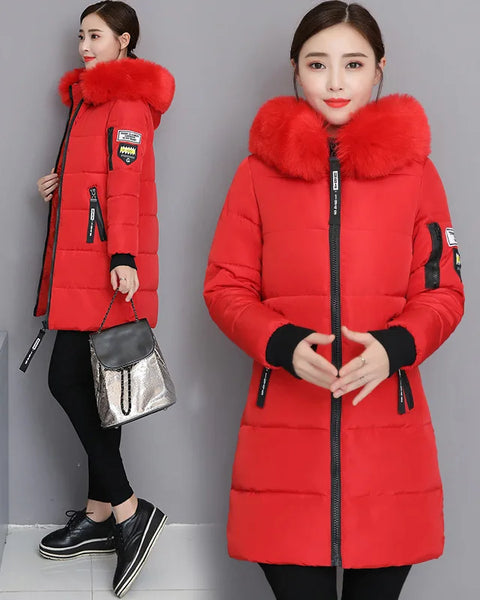 Women's High-Quality Hooded Parka Thick Cotton Padded Winter Coat with Fur Collar