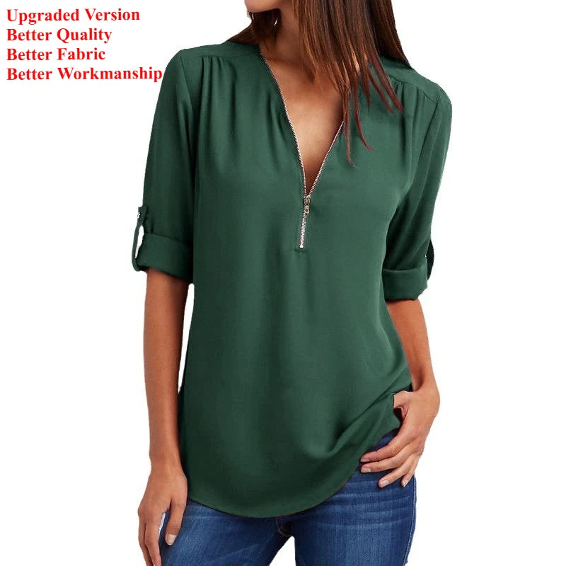 V-Neck Chiffon Blouse for Women  Casual Loose Fit Zipper Pullover Top