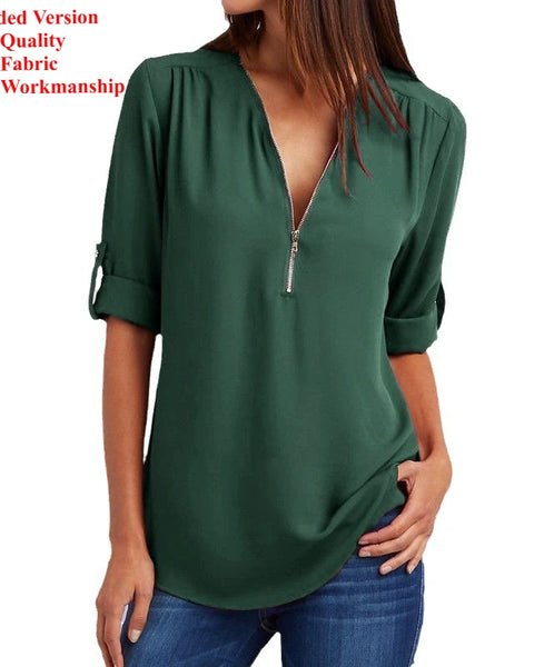 V-Neck Chiffon Blouse for Women  Casual Loose Fit Zipper Pullover Top