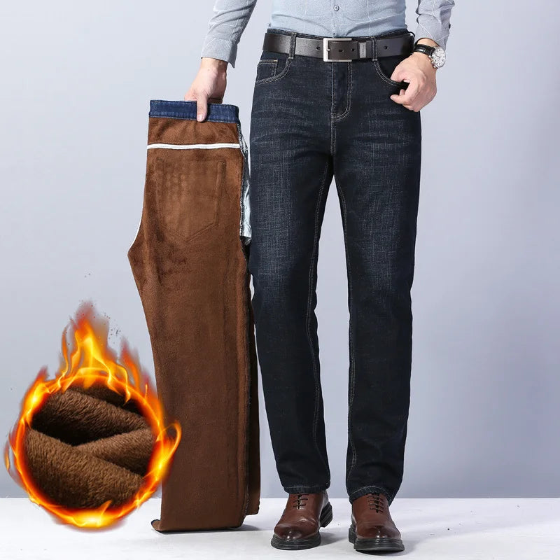 Winter Men's Thick Fleece Stretch Trousers: Windproof Thermal Denim Jeans with Plush Cotton