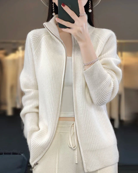 100% Pure Wool Zipper Cardigan Padded Shoulder Stand Collar Women's Cashmere Knitted Coat New Lapel Sweater