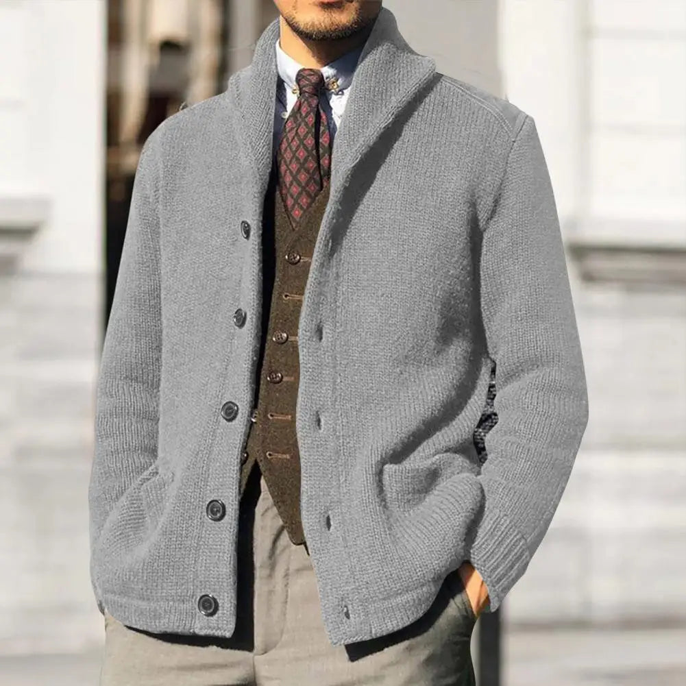 Men's Warm Knitwear Lapel Coat: Windproof Solid Color Sweater with Button Placket for Autumn & Winter