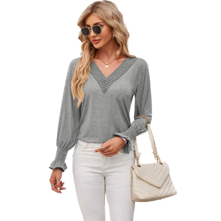 Women's Long Sleeve T-shirt Solid V-neck Patchwork