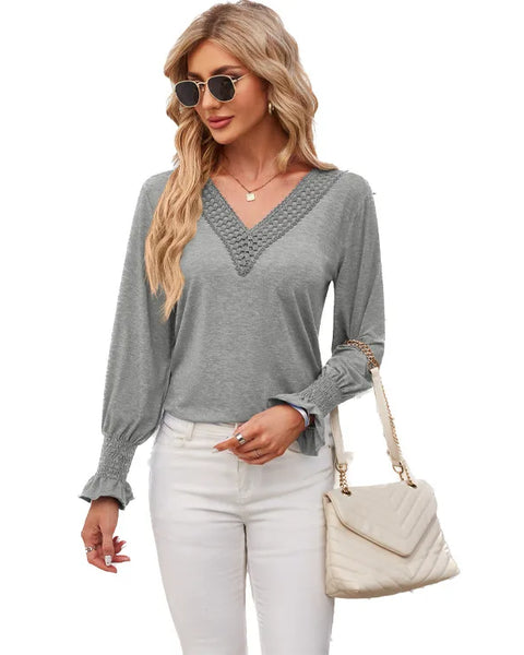 Women's Long Sleeve T-shirt Solid V-neck Patchwork