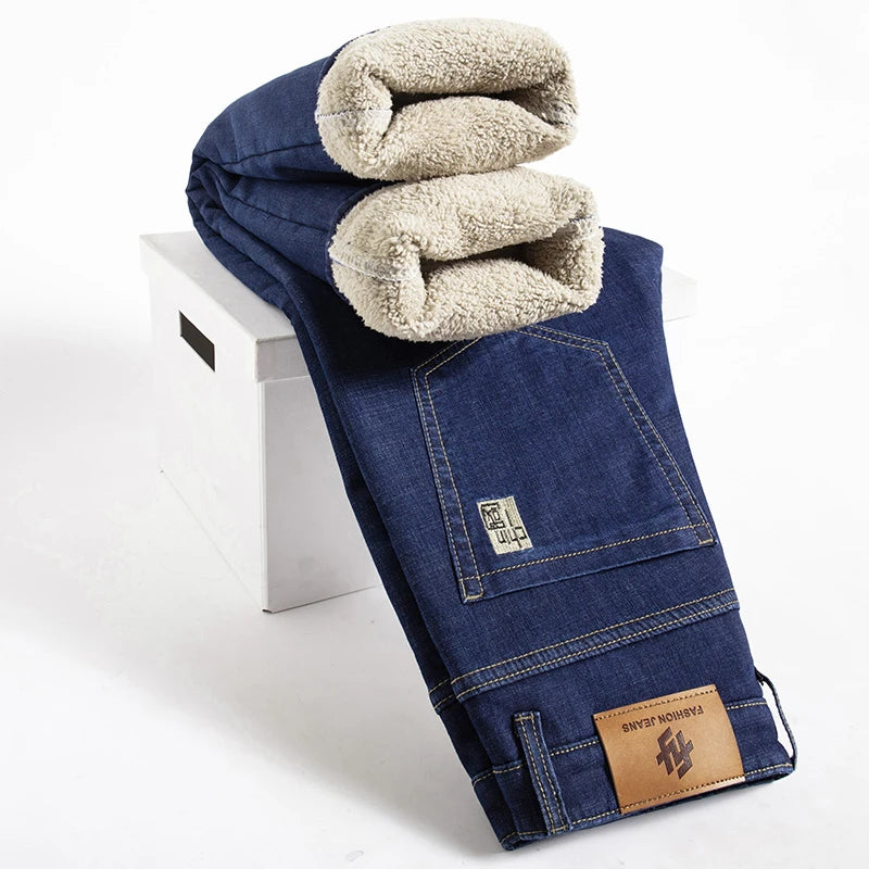 Winter Lamb Fluff Denim Pants: Thicken Fleece-Lined High-Waist Slim Jeans for Men