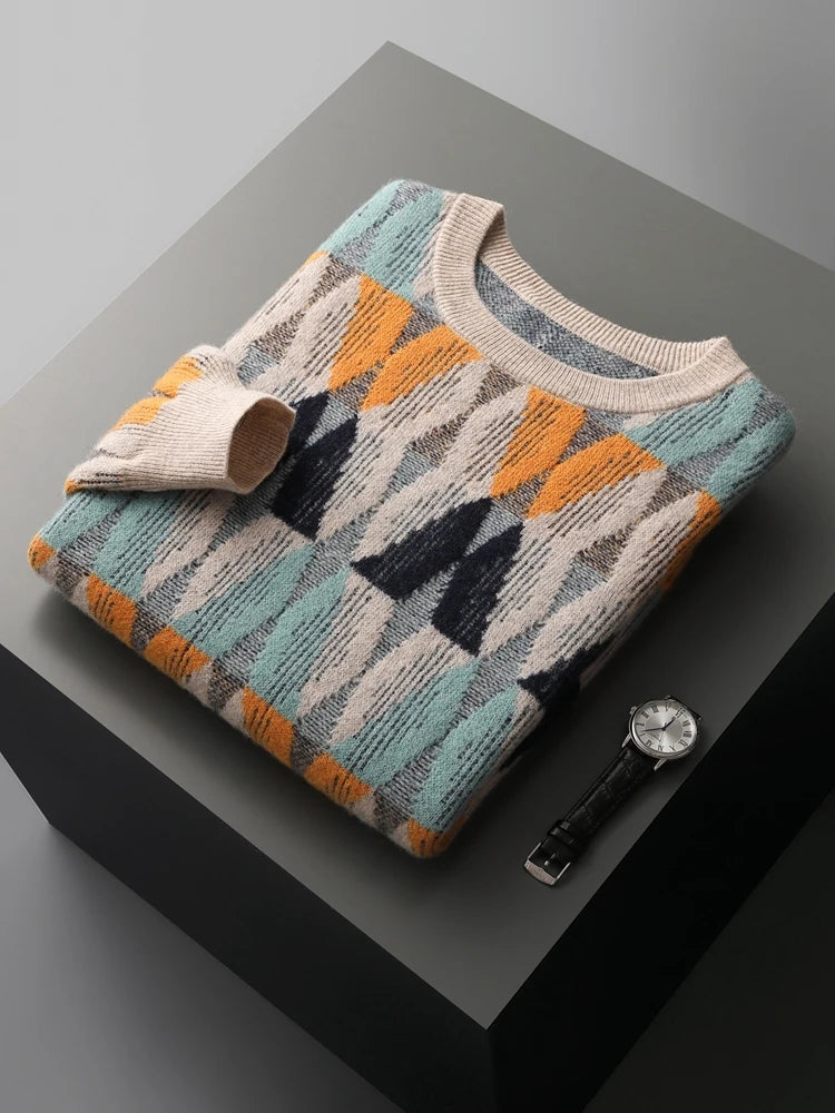 Men's 100% Merino Wool O-Neck Pullover: Vintage Jacquard Cashmere Sweater for Autumn/Winter