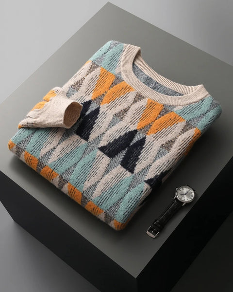 Men's 100% Merino Wool O-Neck Pullover: Vintage Jacquard Cashmere Sweater for Autumn/Winter