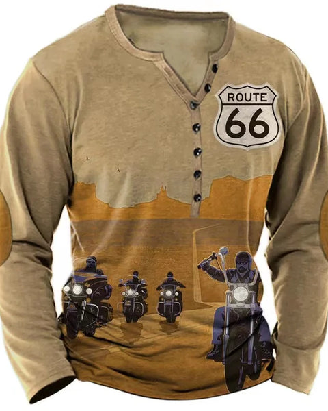 Vintage Men's T Shirt Long Sleeve Top Street Tees  Route 66 Letter Oversized Loose Clothing