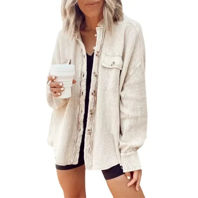 Trendy European & American Women's Coat: Casual Lapel Pocket Patchwork Shirt Jacket