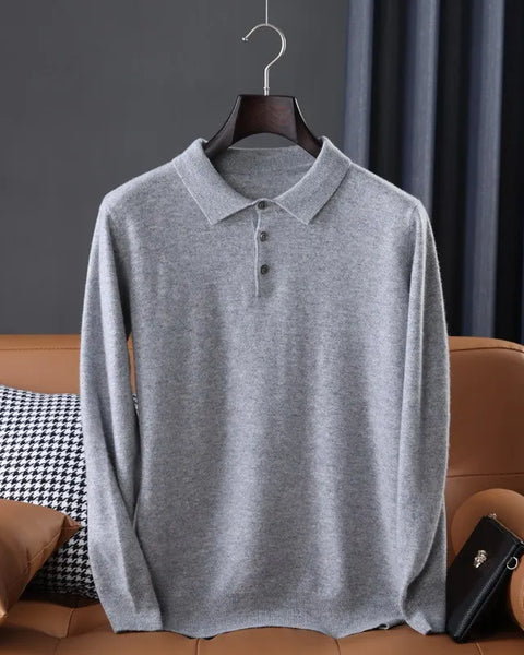 Men's Oversized Cashmere Knitted Lapel T-Shirt: Long Sleeve Polo in Solid Colors - Trendy Leisurewear