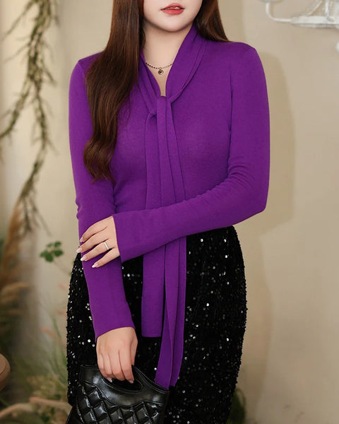 French Elegant Pullover Ribbon V-neck Knit Tops