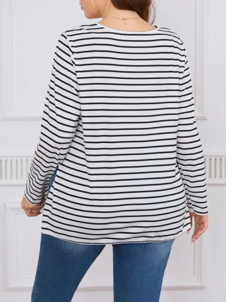 Striped Split O-Neck Long T Shirt