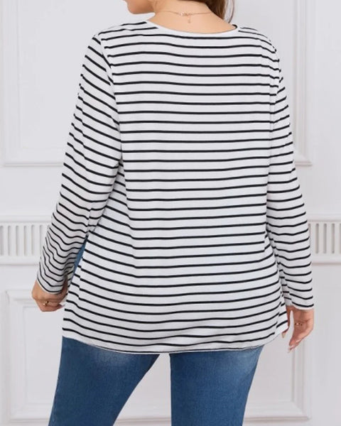 Striped Split O-Neck Long T Shirt