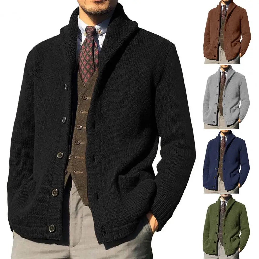 Men's Warm Knitwear Lapel Coat: Windproof Solid Color Sweater with Button Placket for Autumn & Winter