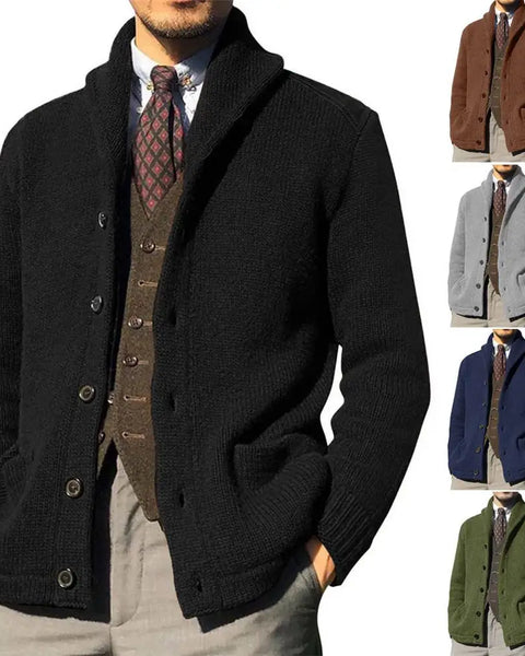 Men's Warm Knitwear Lapel Coat: Windproof Solid Color Sweater with Button Placket for Autumn & Winter