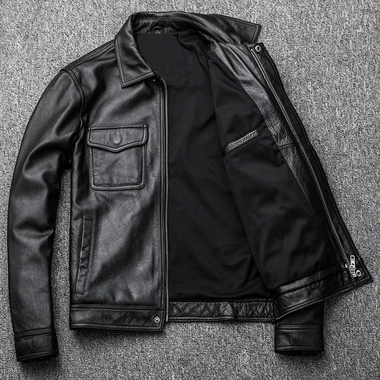 Genuine Leather jacket. Winter casual black Men cowhide Clothes. Quality plus size leather coat.