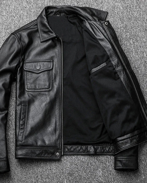 Genuine Leather jacket. Winter casual black Men cowhide Clothes. Quality plus size leather coat.