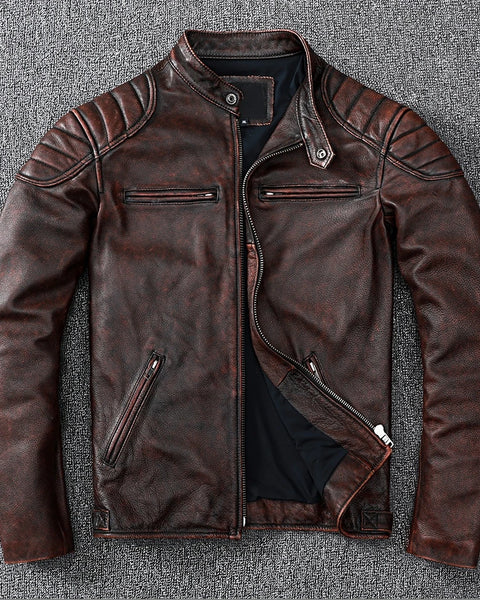 Vintage Yellow Brown Real Cowhide Genuine Leather Jacket Men Motorcycle Coat Men's Biker Clothes