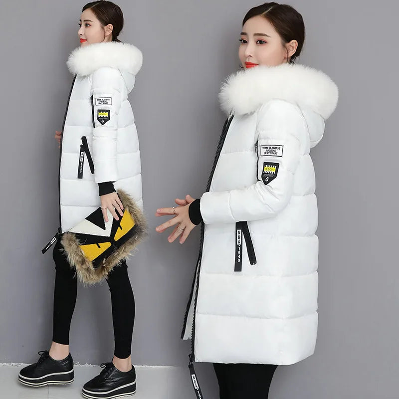 Women's High-Quality Hooded Parka Thick Cotton Padded Winter Coat with Fur Collar