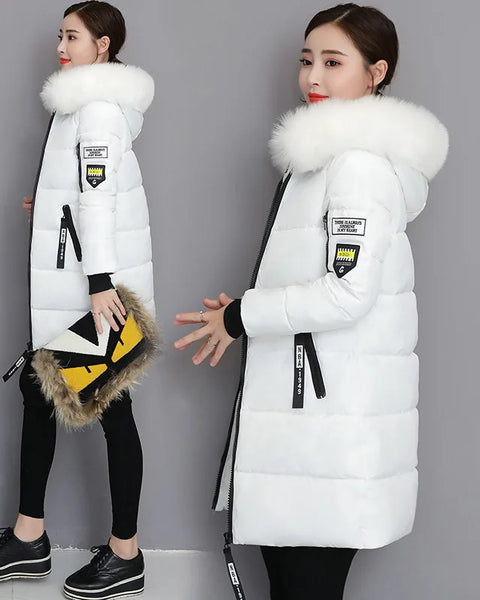 Women's High-Quality Hooded Parka Thick Cotton Padded Winter Coat with Fur Collar