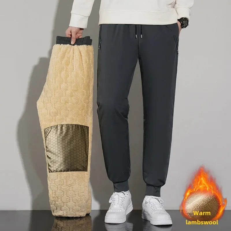 Men's Fleece-Lined Thickened Cotton Wadded Trousers: Casual Warm Sweatpants with Windproof Sheep Velvet