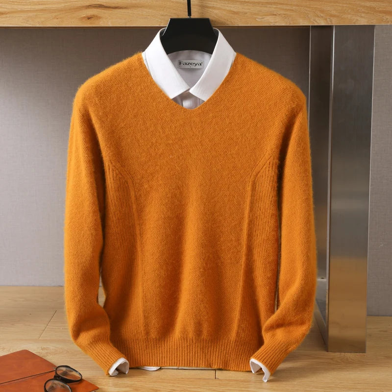 Men's 100% Pure Mink Cashmere V-Neck Sweater: Large Size Knit Pullover for Winter - High-End Long Sleeve Jumper