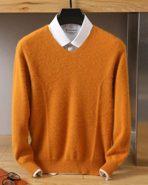 Men's 100% Pure Mink Cashmere V-Neck Sweater: Large Size Knit Pullover for Winter - High-End Long Sleeve Jumper