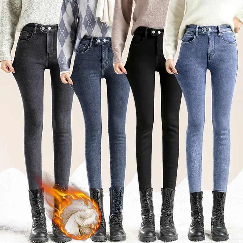 Winter Thick Velvet Women High Waist Skinny Jeans Simple Fleece Warm Slim Fit Stretch  Denim Pencil Pants