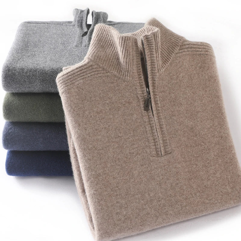 Men's 100% Merino Wool Half Zip Sweater: Thickened Warm Casual Knit for Winter