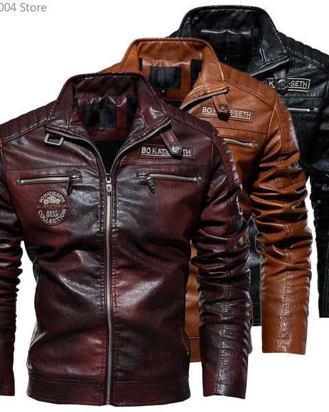 Winter Men's PU Jacket: Solid Color Lapel Plush Sports Motorcycle Leather Coat